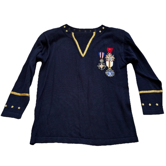 Suzelle Sweaters - SUZELLE Military Style Navy Long Sleeve Sweater w/ Decorative Accents Nautical